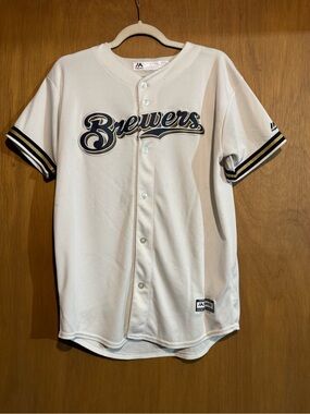 Majestic White Brewers Youth Baseball Jersey with Navy & Gold Trim